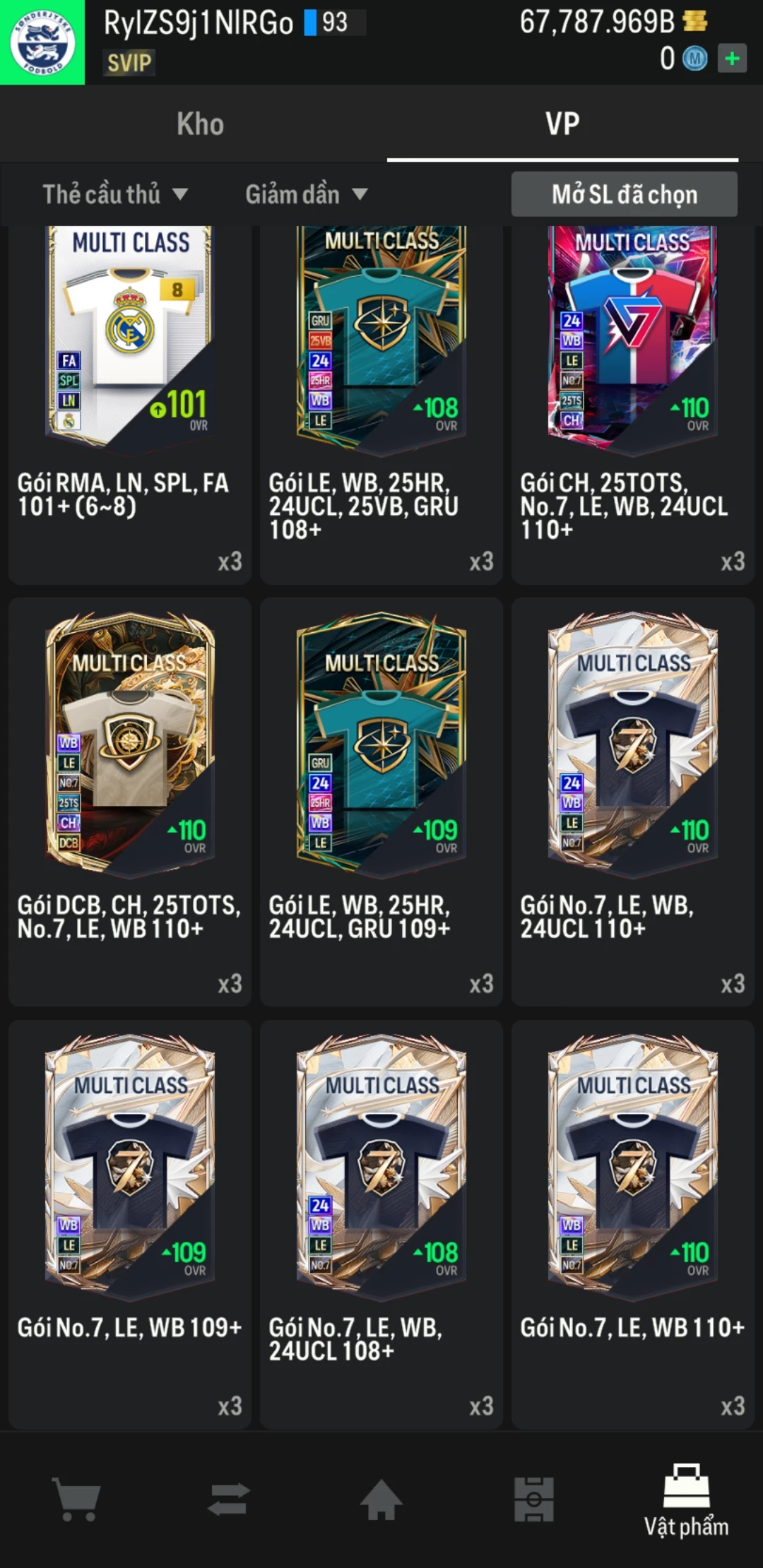 Ảnh ACC mở thẻ (LOẠI SVIP PROMAX) bao gồm 1 gói thẻ +12, thẻ PRIME và 1000+ thẻ cầu thủ từ Siêu sao đến Miền núi các loại. Có sẵn BP trắng trong acc từ 57.000 tỷ BP đến 67.000 tỷ BP, kèm theo nhiều ngày SVIP